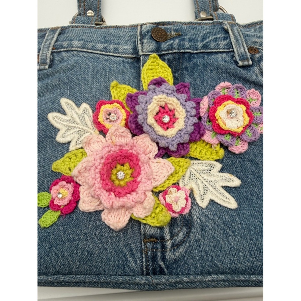 Hand & Heart Walnut CA Hand Made Crochet Floral Denim Shoulder Bag - Picture 7 of 11